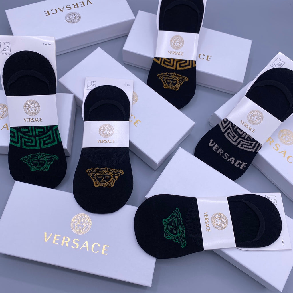 Versace Green And Gold Medallion Details No-Show Socks - 5-Pair Set