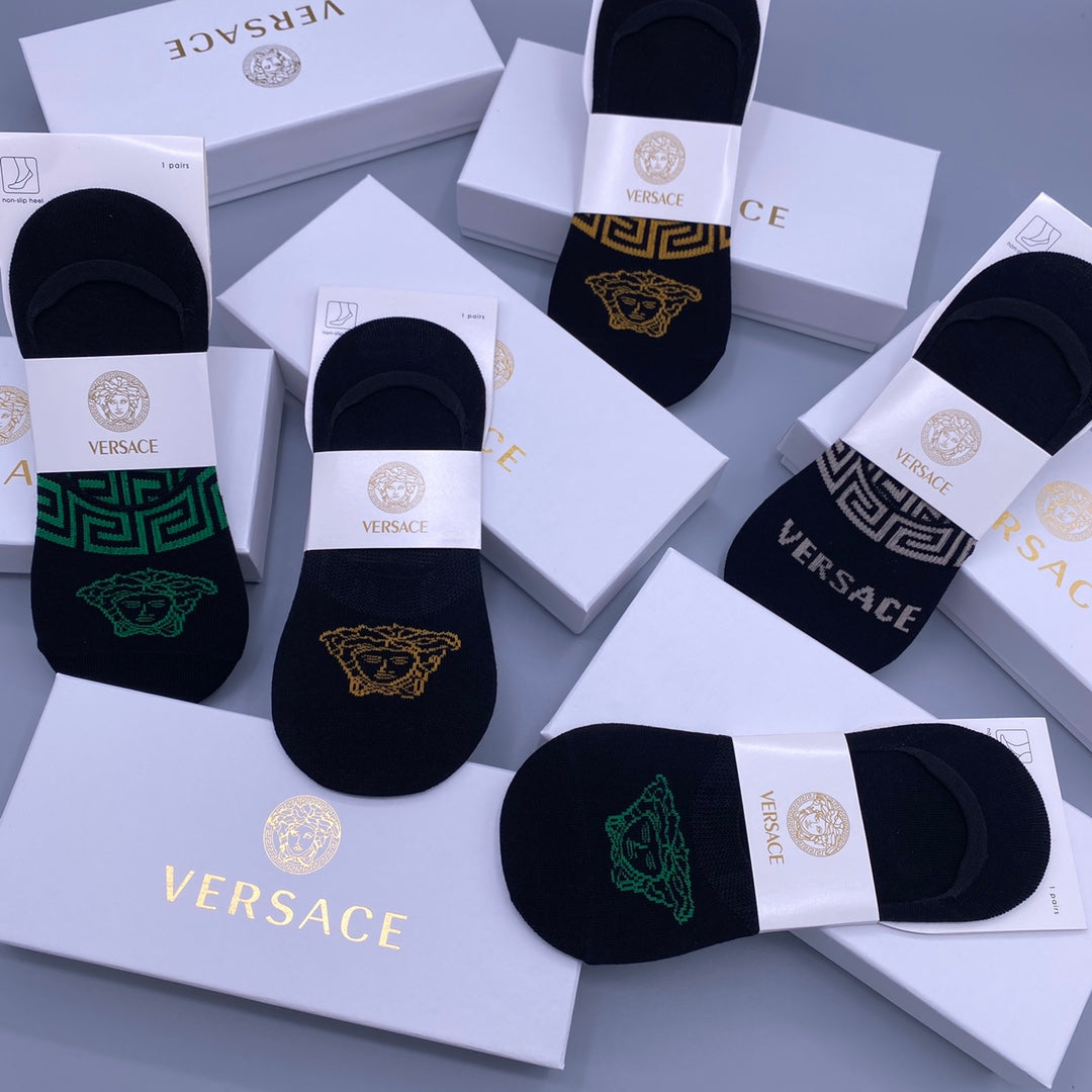 Versace Green And Gold Medallion Details No-Show Socks - 5-Pair Set