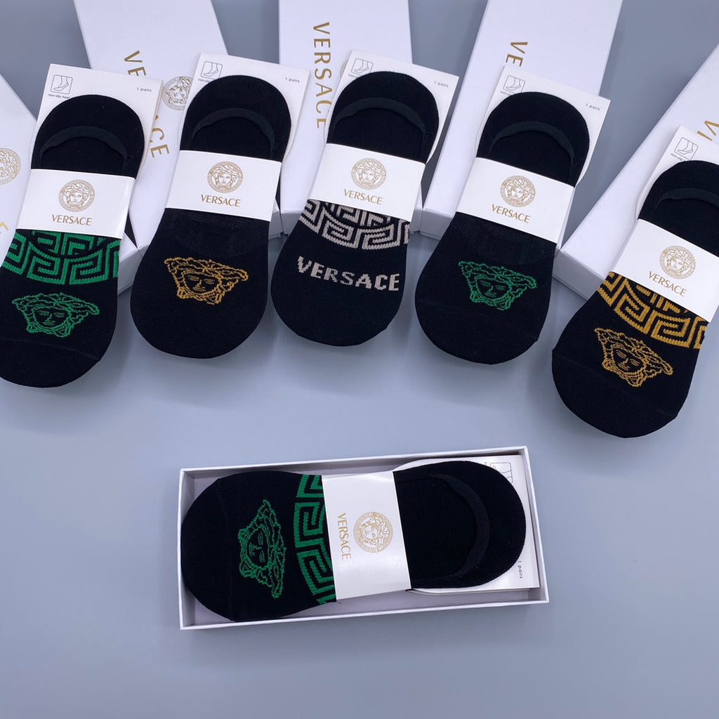 Versace Visible Logo, Stripe Or Motif Details No-Show Socks - 5-Pair Set