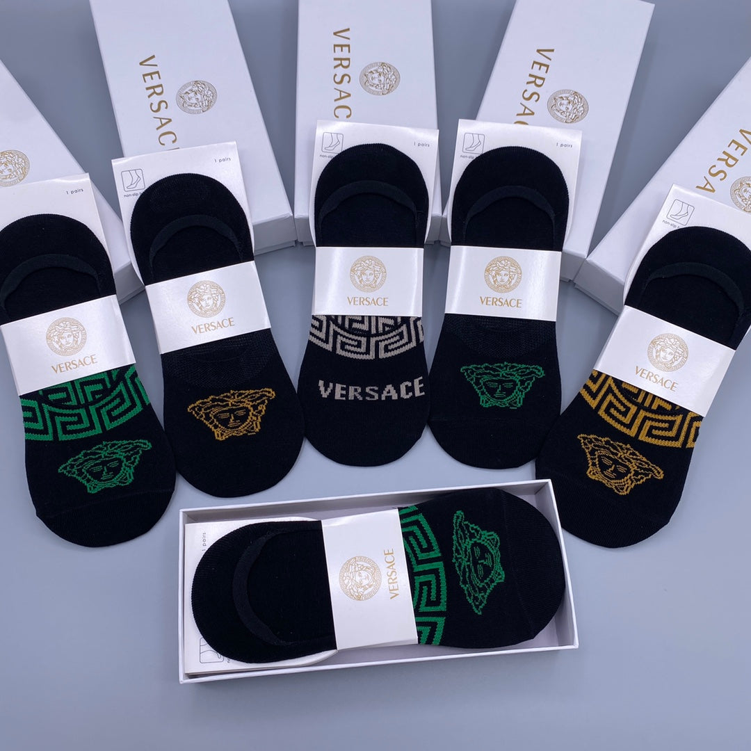 Versace Green And Gold Medallion Details No-Show Socks - 5-Pair Set