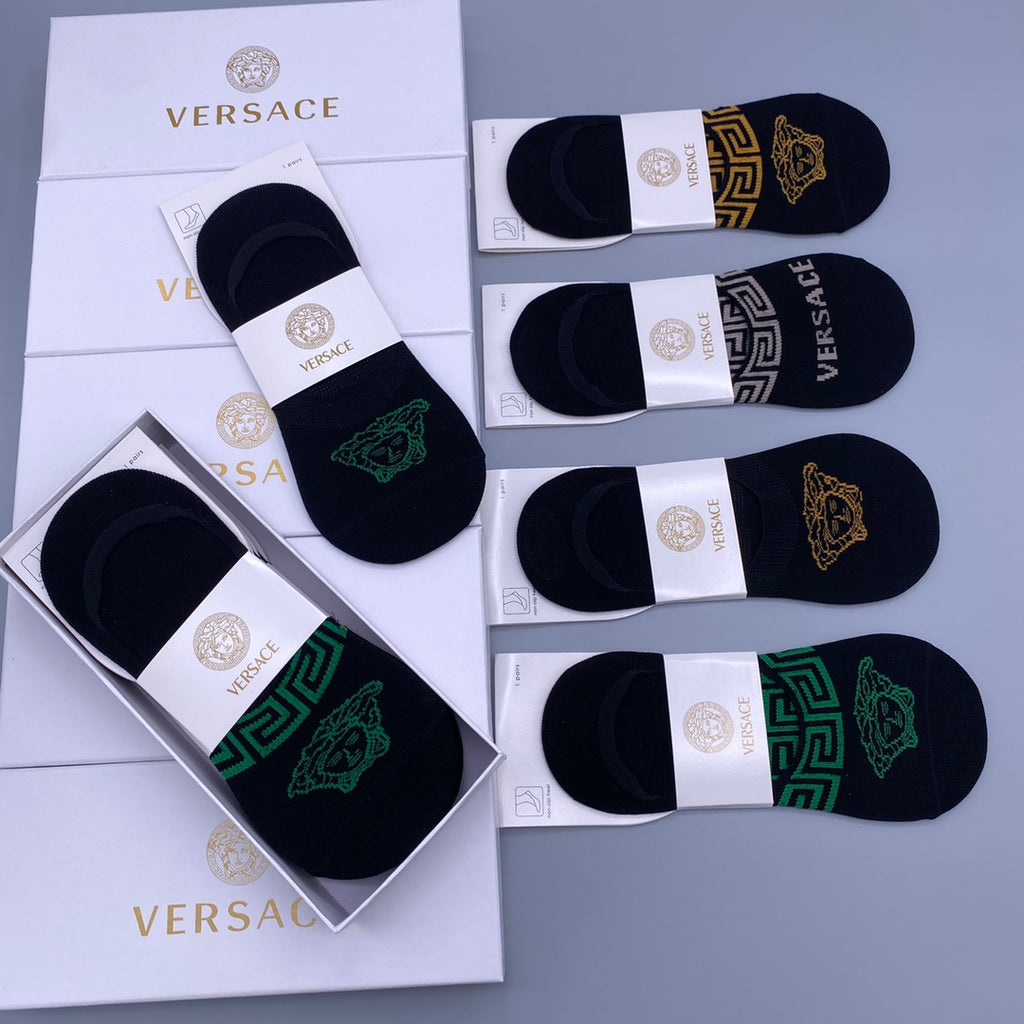 Versace Visible Logo, Stripe Or Motif Details No-Show Socks - 5-Pair Set