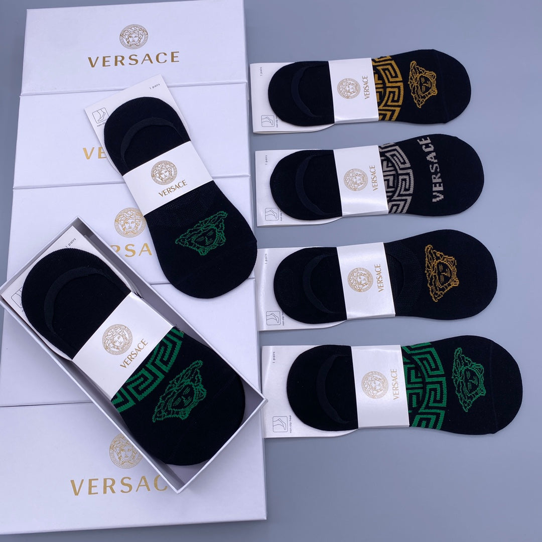 Versace Green And Gold Medallion Details No-Show Socks - 5-Pair Set