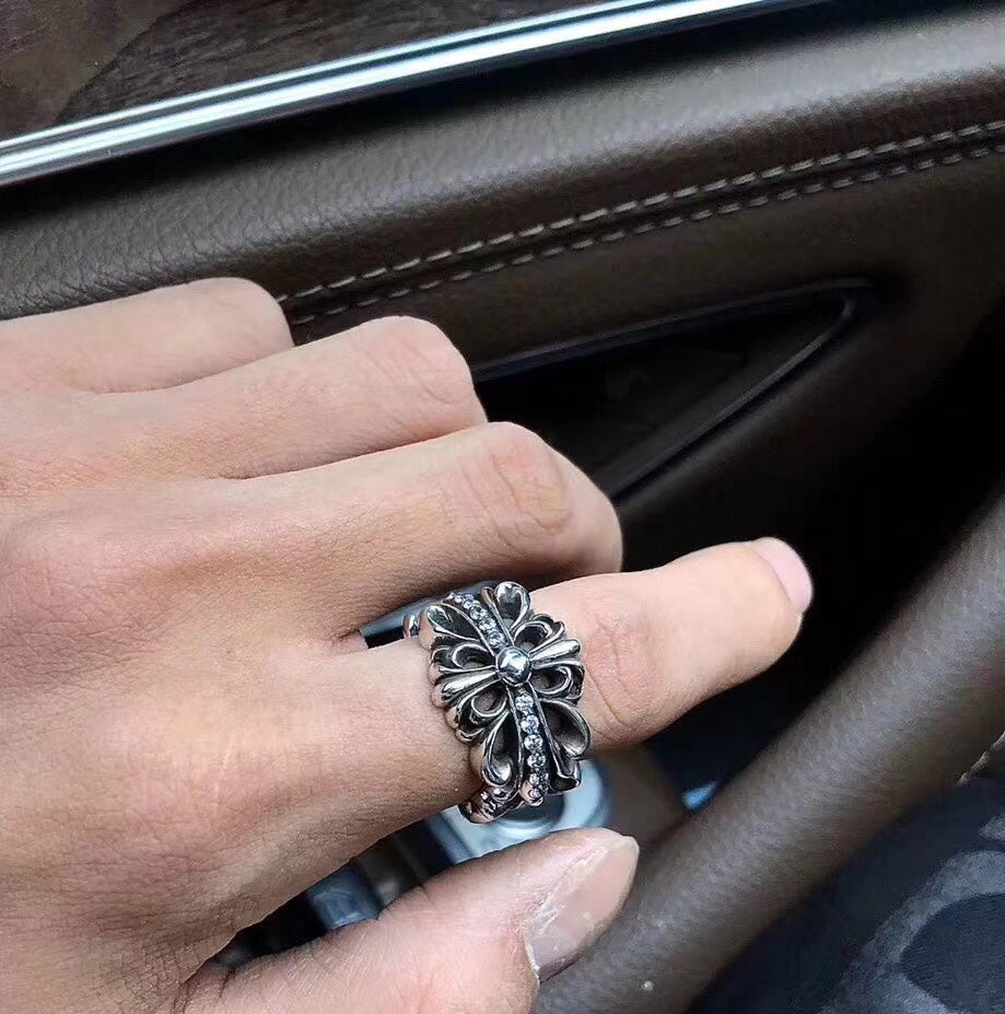 Floral Cross Statement Ring in Antique Silver-Tone front product view