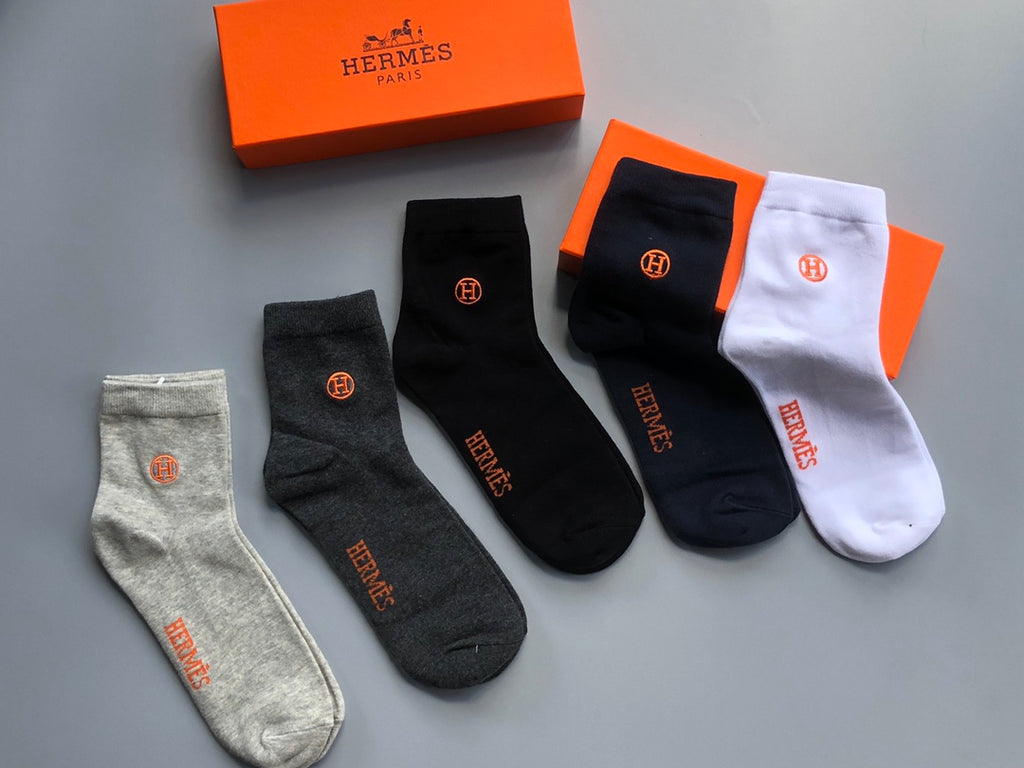 Hermes Embroidered Logo Mid-Calf Socks - 5-Pair Box
