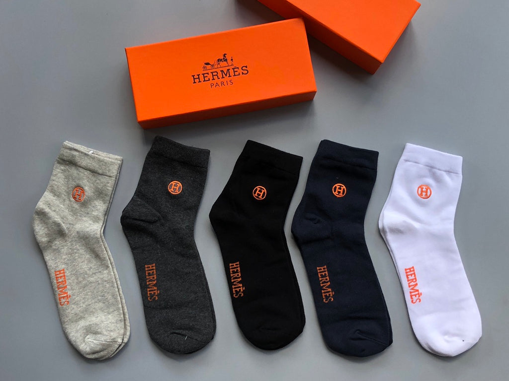 Hermes Embroidered Logo Mid-Calf Socks - 5-Pair Box