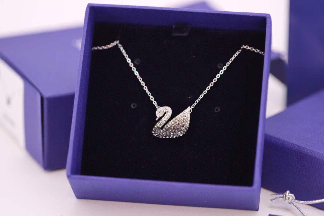 Swan Pendant Necklace in Gold-Tone – Black Detail side detail