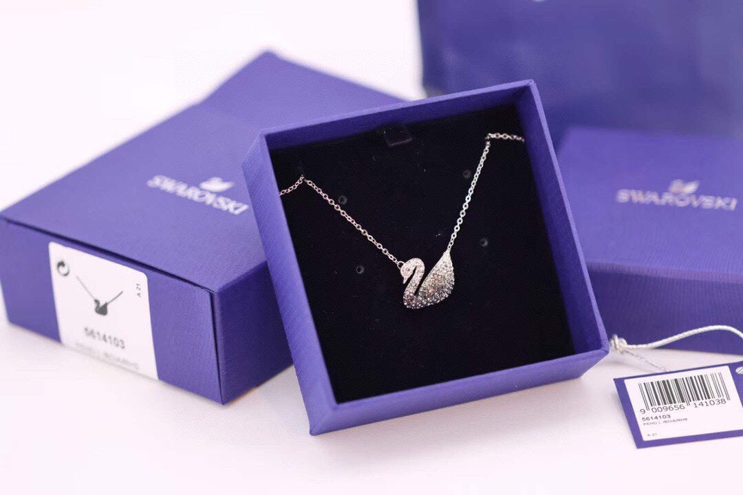 Swan Pendant Necklace in Gold-Tone – Black Detail front product view