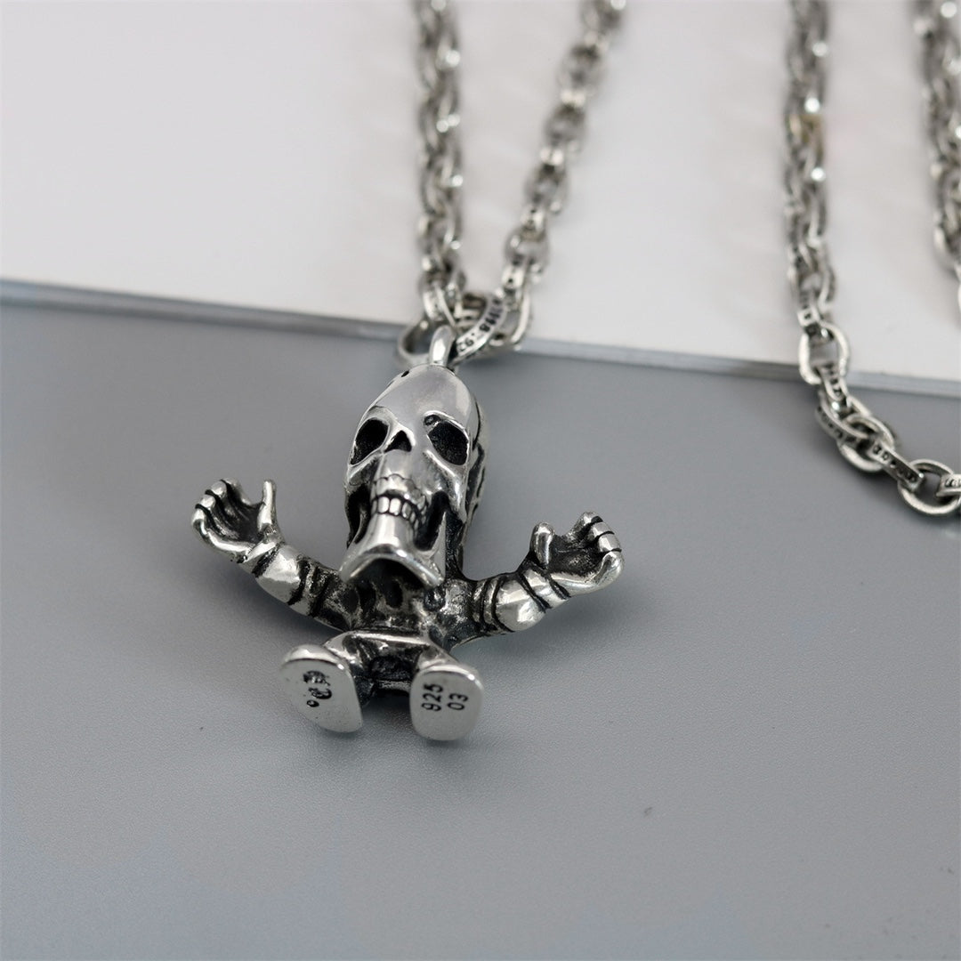Skull Pendant Necklace in Antique Silver-Tone close-up detail