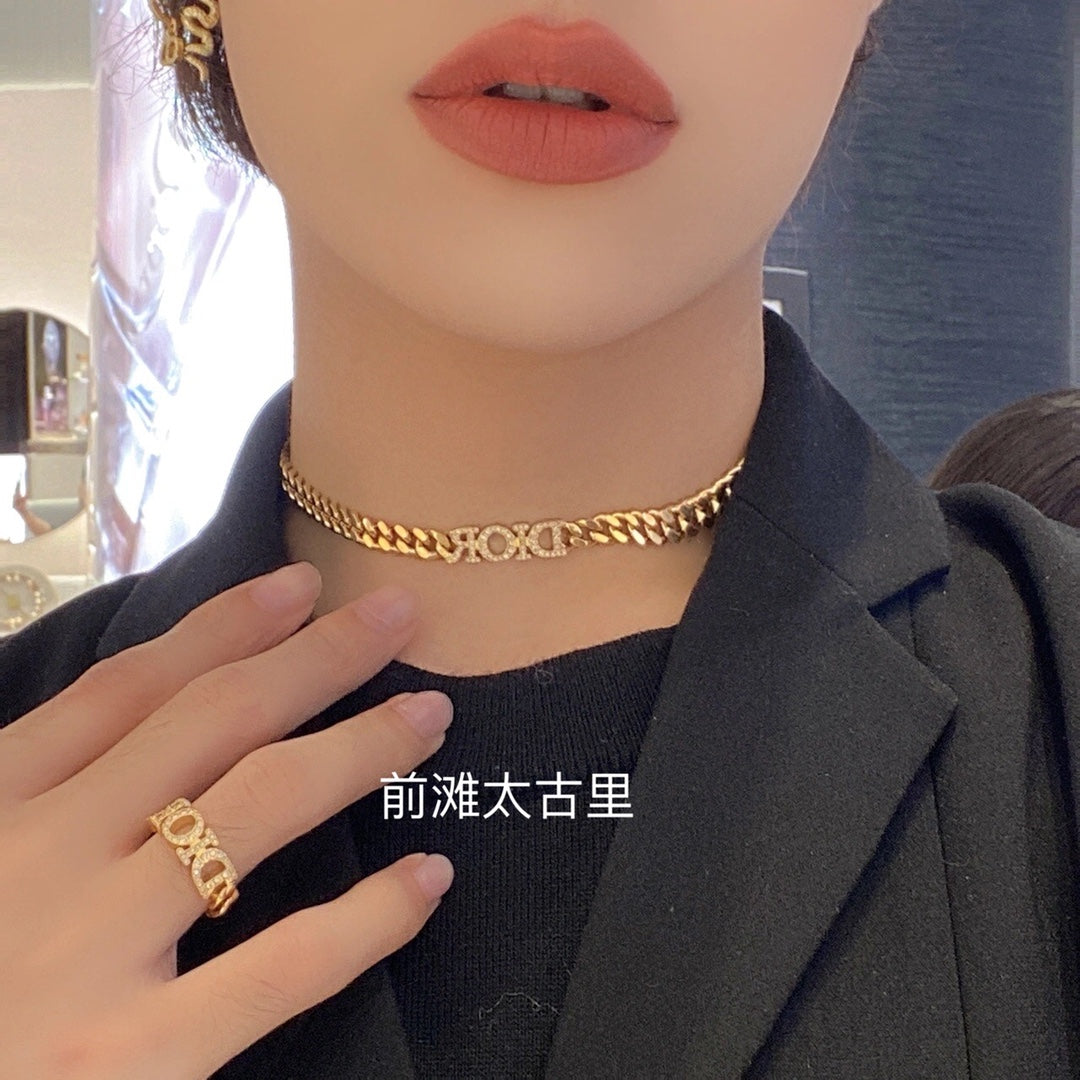 Graphic Letter Motif Pendant Necklace in Polished Metal-Tone with Crystal-Style Accents – Design 005 main product view