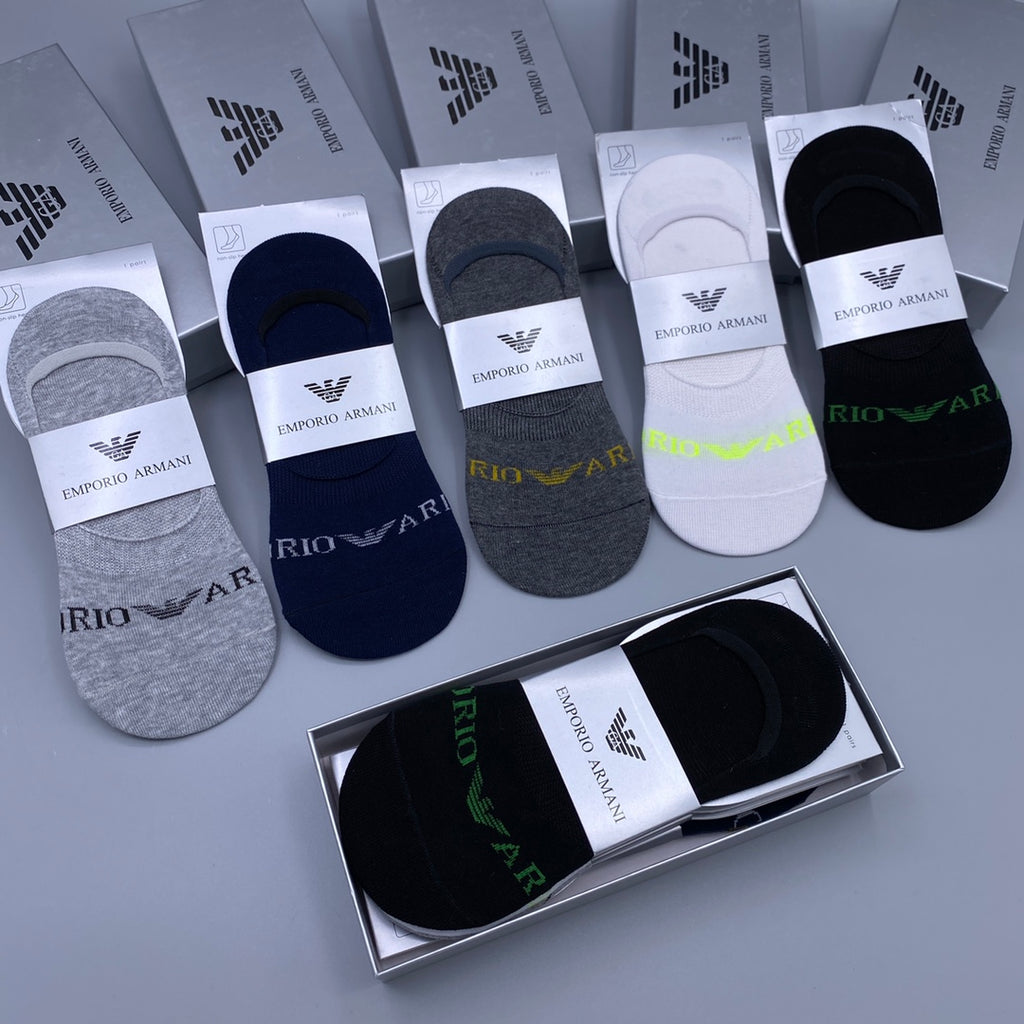 Armani Cotton Visible Cuff, Colour And Emblem Details No-Show Socks - 5-Pair Set