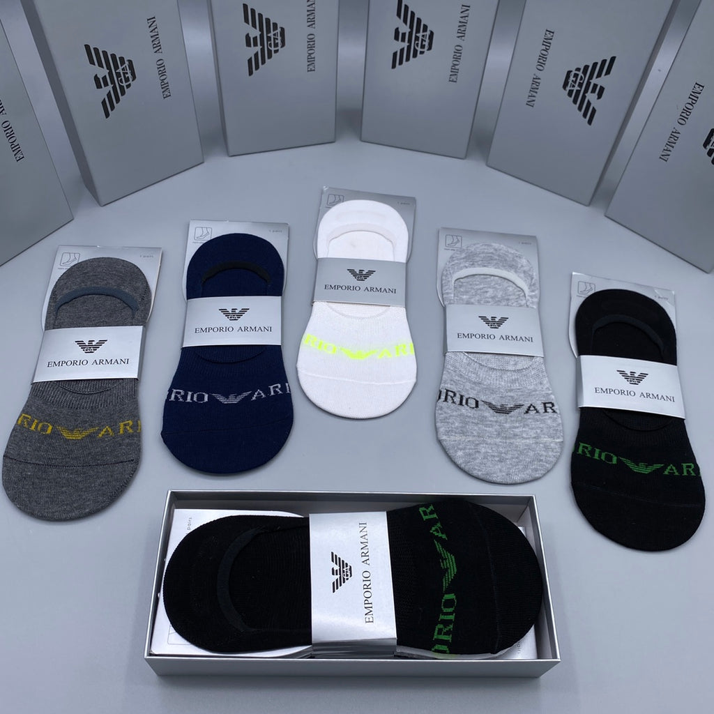 Armani Cotton Visible Cuff, Colour And Emblem Details No-Show Socks - 5-Pair Set
