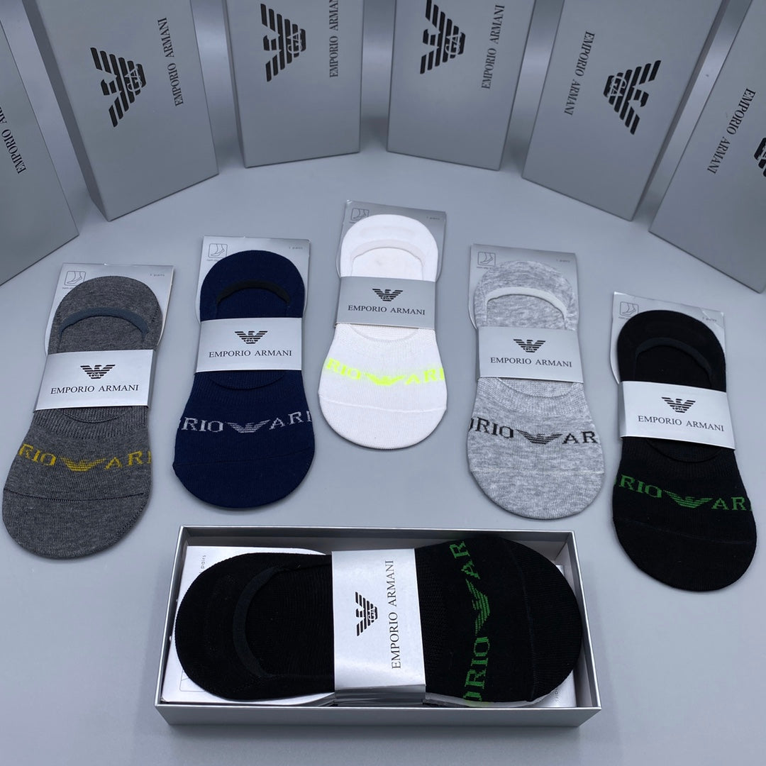 Armani Cotton Visible Cuff, Colour And Emblem Details No-Show Socks - 5-Pair Set
