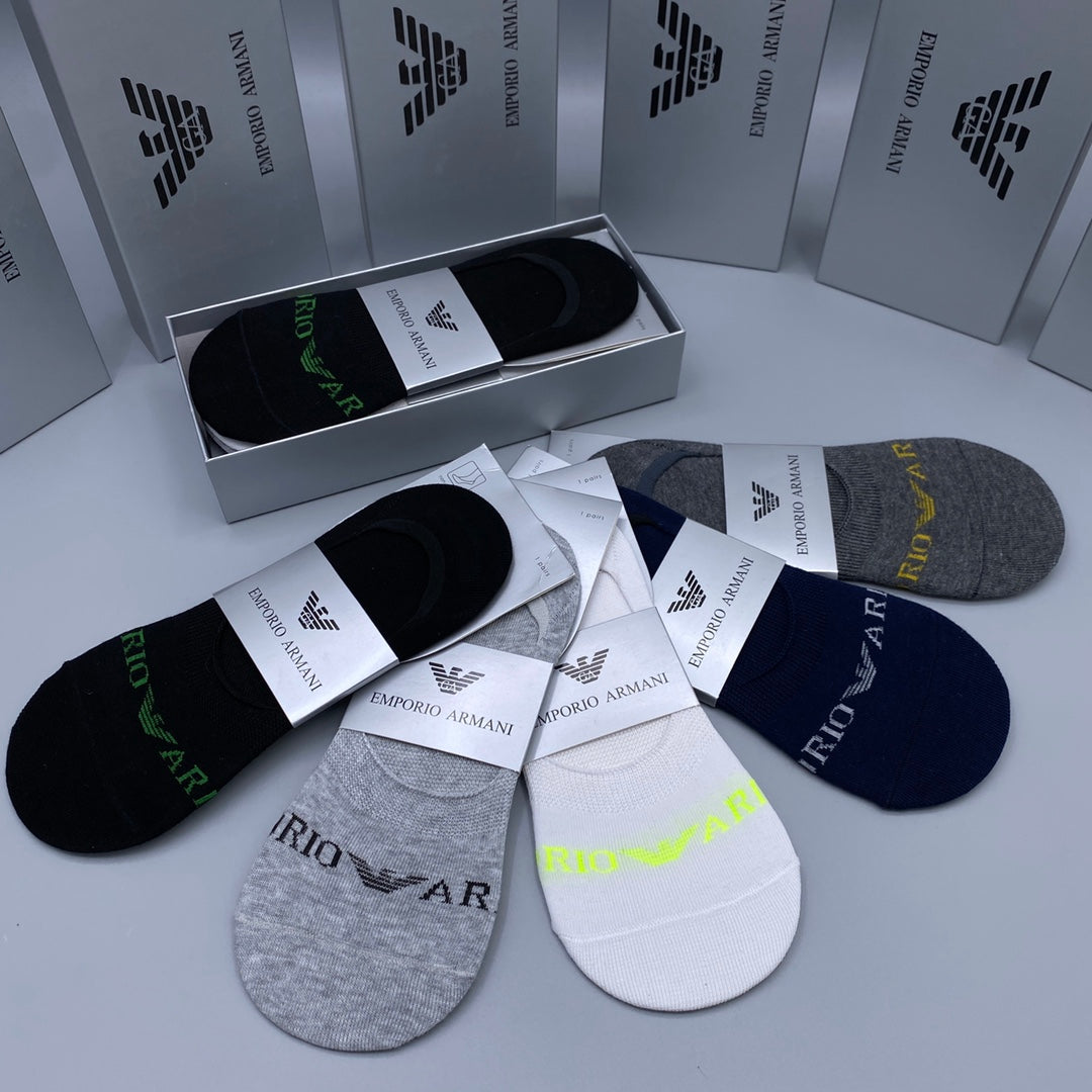 Armani Cotton Visible Cuff, Colour And Emblem Details No-Show Socks - 5-Pair Set