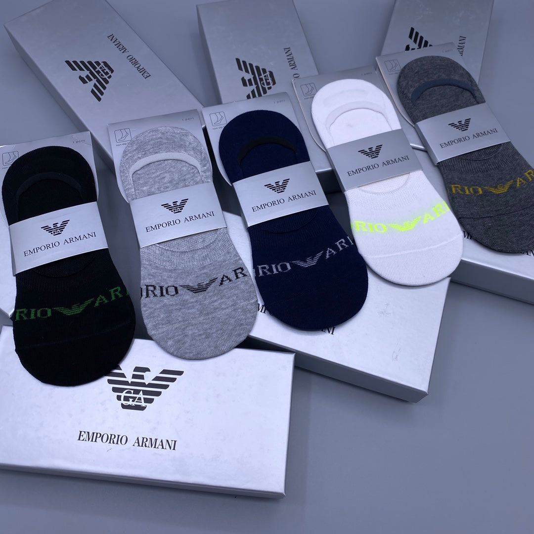 Armani Cotton Visible Cuff, Colour And Emblem Details No-Show Socks - 5-Pair Set