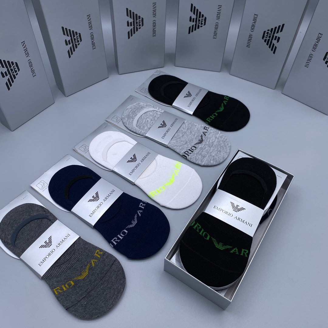 Armani Cotton Visible Cuff, Colour And Emblem Details No-Show Socks - 5-Pair Set