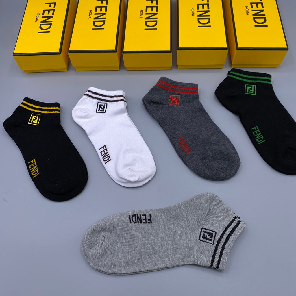 Fendi Contrast Lettering And Striped Cuffs Ankle Socks - 5-Pair Set