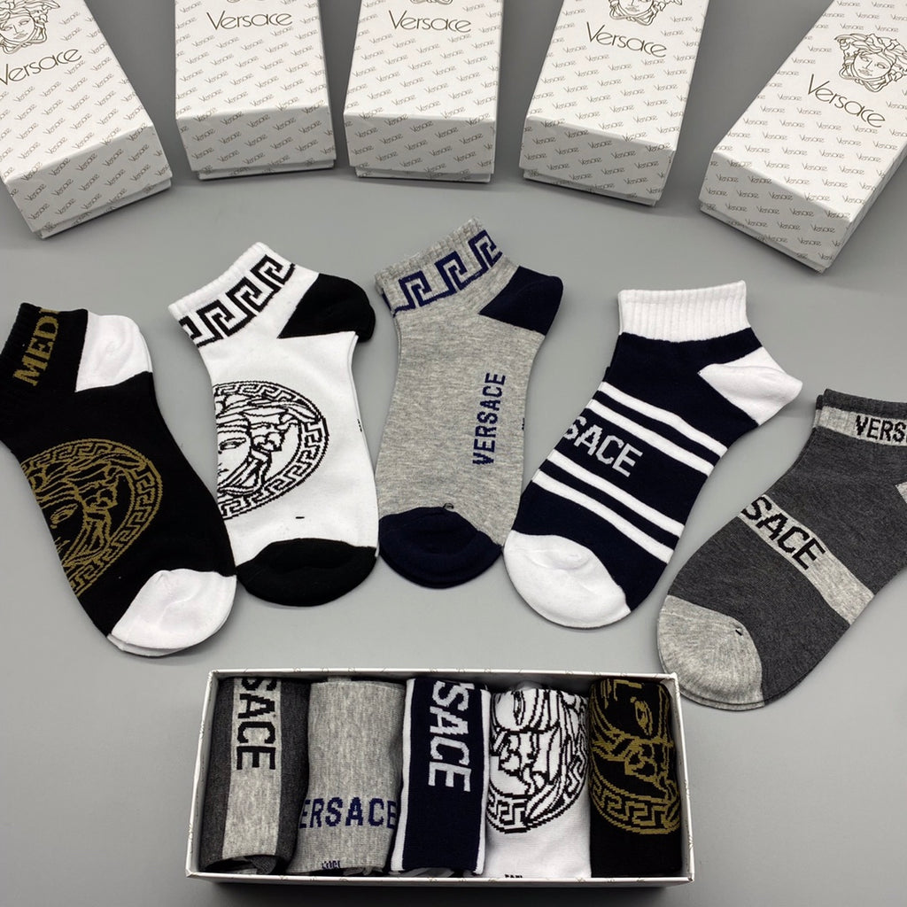 Versace Bold Medallion And Letter Graphics Ankle Socks - 5-Pair Set