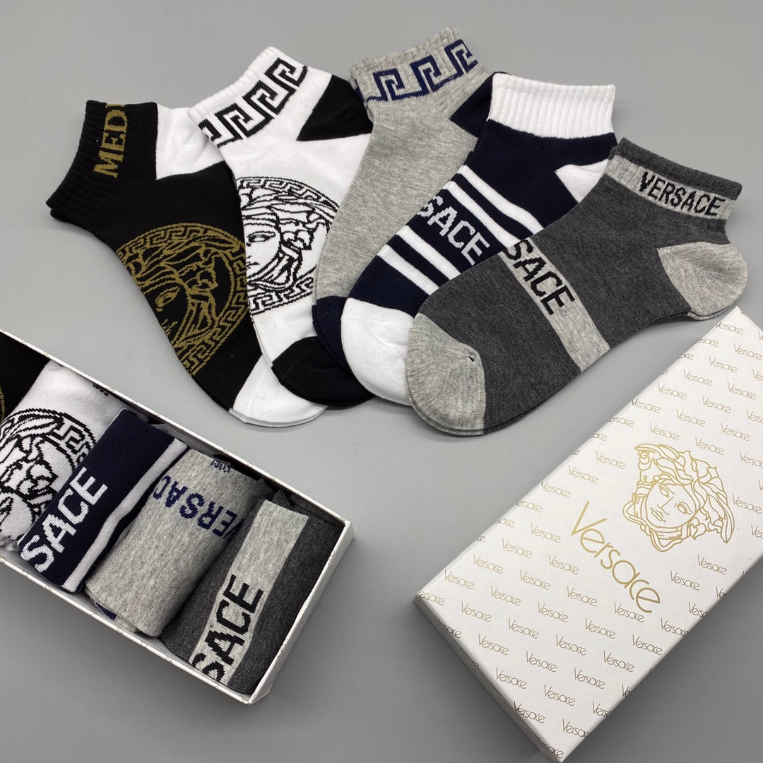 Versace Short Socks - Black, White, Grey and Navy 5-Pair Box
