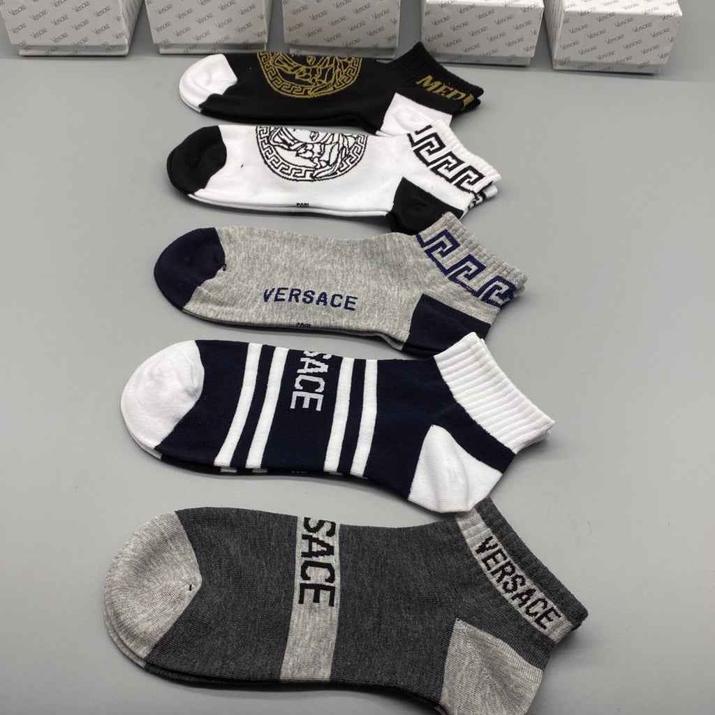 Versace Visible Branded Cuff Or Emblem Details No-Show Socks - 5-Pair Set