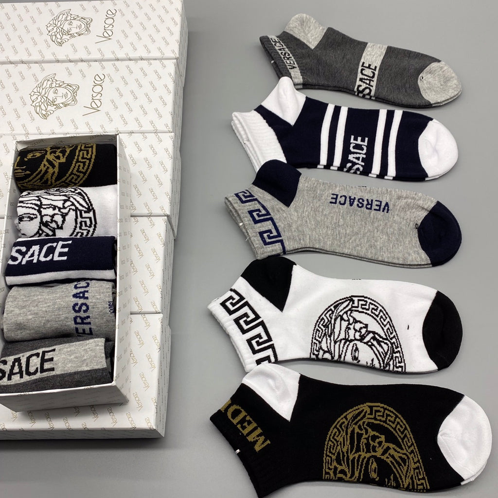 Versace Visible Branded Cuff Or Emblem Details No-Show Socks - 5-Pair Set