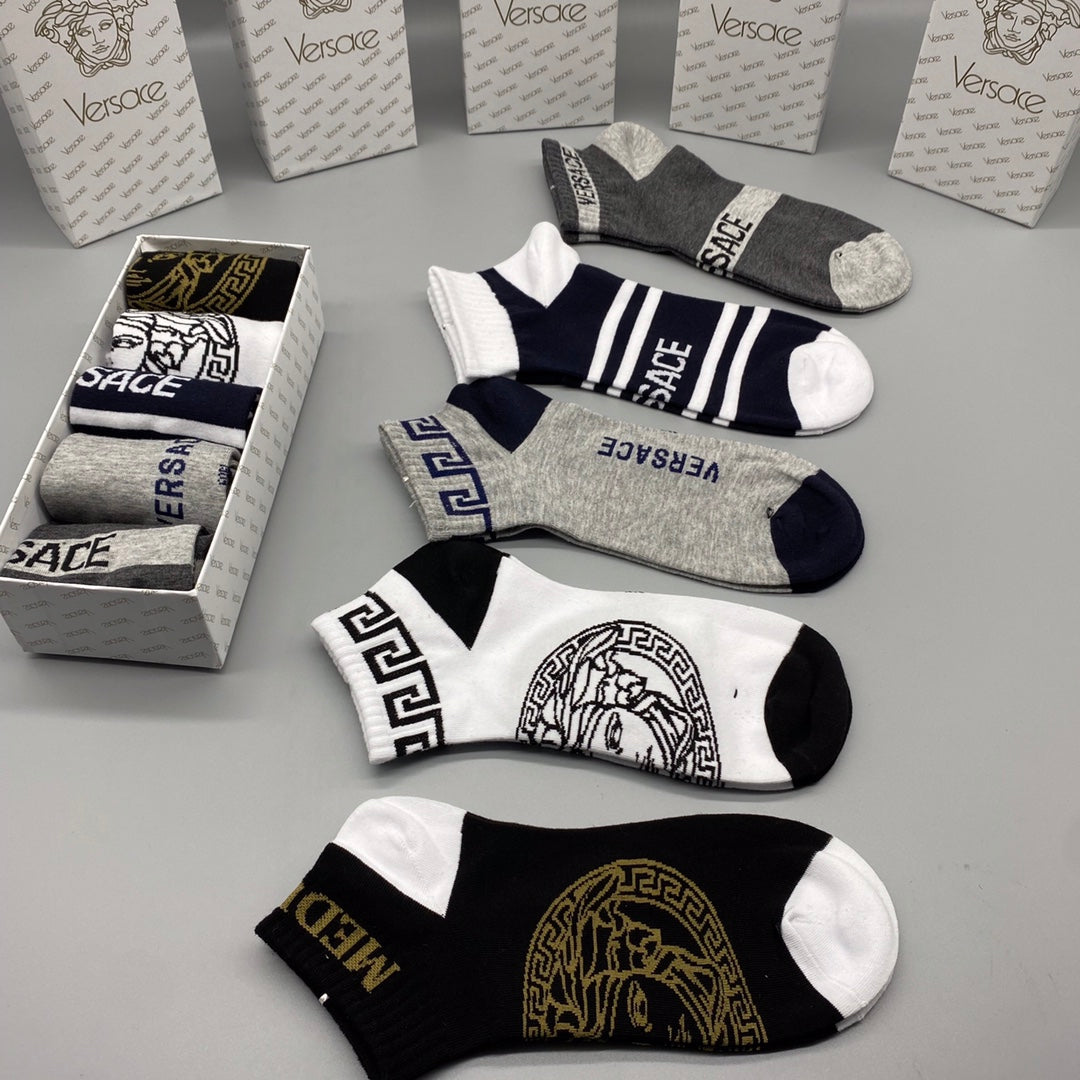 Versace Visible Branded Cuff Or Emblem Details No-Show Socks - 5-Pair Set