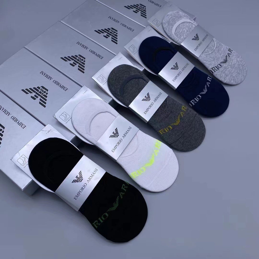 Emporio Armani Cotton Visible Colour, Cuff And Emblem Details No-Show Socks - 5-Pair Set