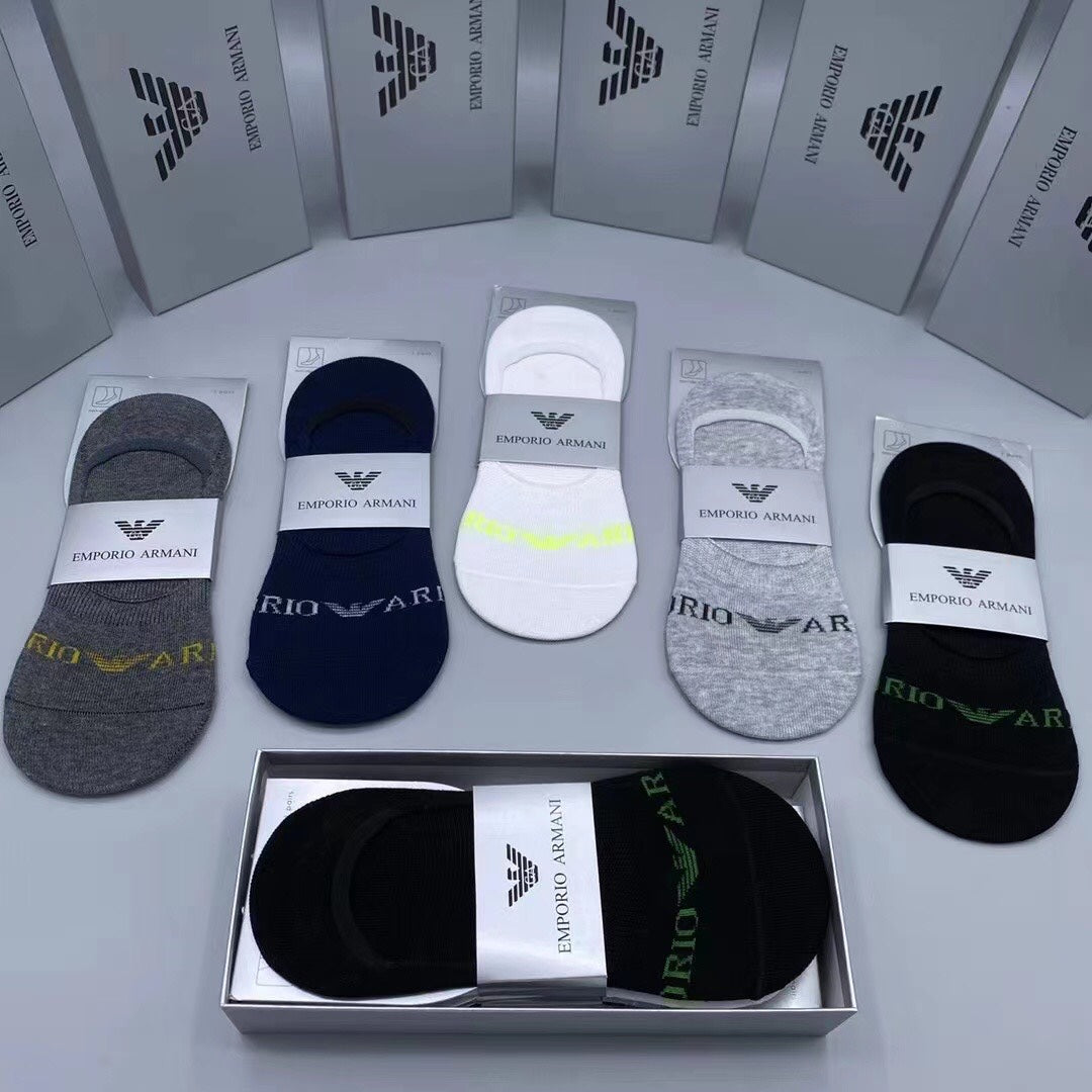 Emporio Armani Cotton Visible Colour, Cuff And Emblem Details No-Show Socks - 5-Pair Set