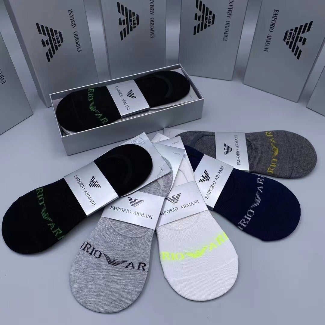Emporio Armani Cotton Visible Colour, Cuff And Emblem Details No-Show Socks - 5-Pair Set