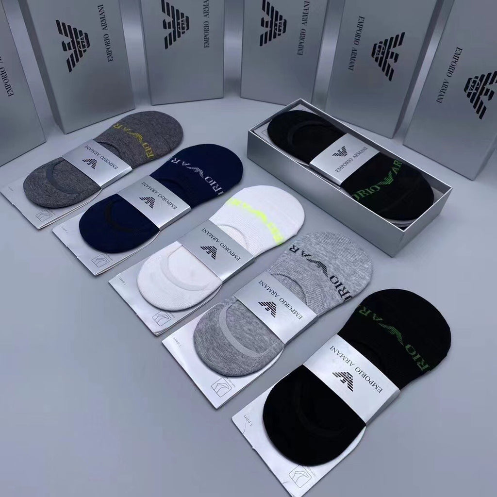 Emporio Armani Cotton Visible Colour, Cuff And Emblem Details No-Show Socks - 5-Pair Set