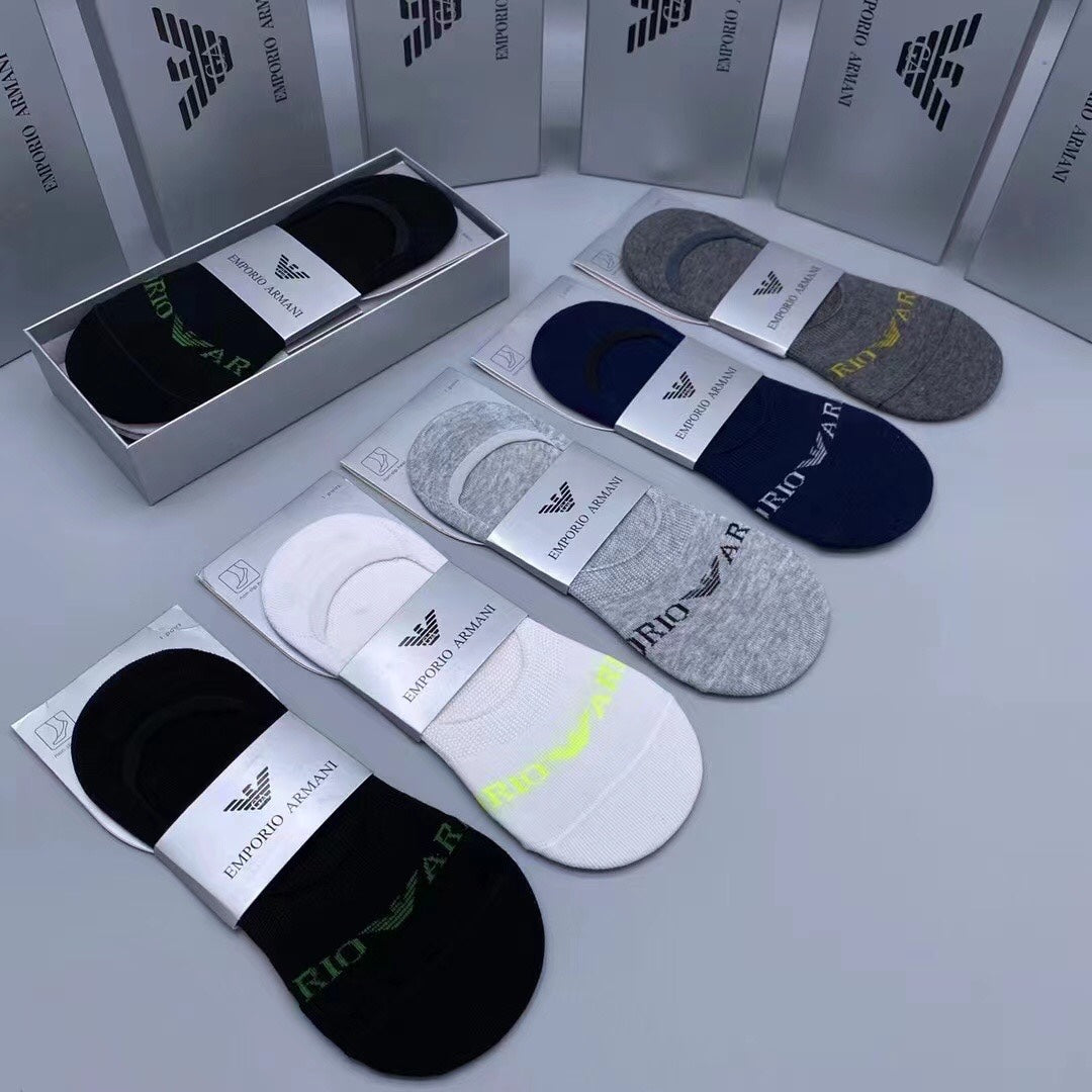 Emporio Armani Cotton Visible Colour, Cuff And Emblem Details No-Show Socks - 5-Pair Set