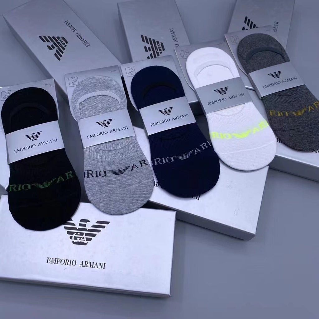 Emporio Armani Cotton Visible Colour, Cuff And Emblem Details No-Show Socks - 5-Pair Set