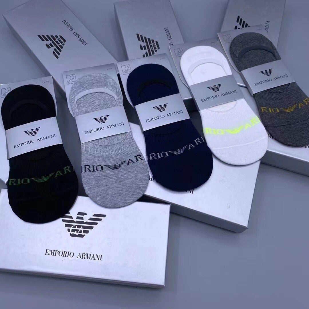 Emporio Armani Cotton Visible Colour, Cuff And Emblem Details No-Show Socks - 5-Pair Set