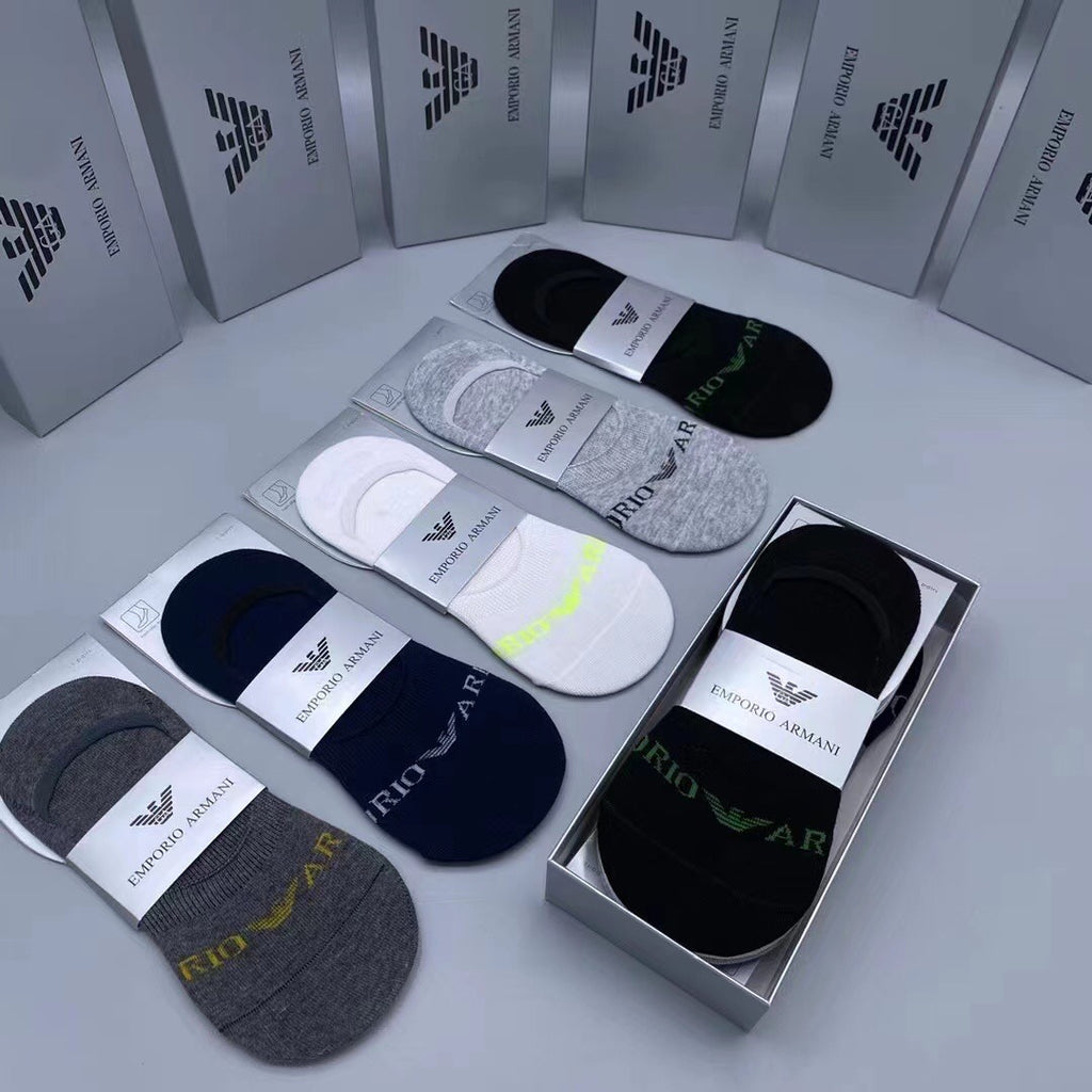 Emporio Armani Cotton Visible Colour, Cuff And Emblem Details No-Show Socks - 5-Pair Set