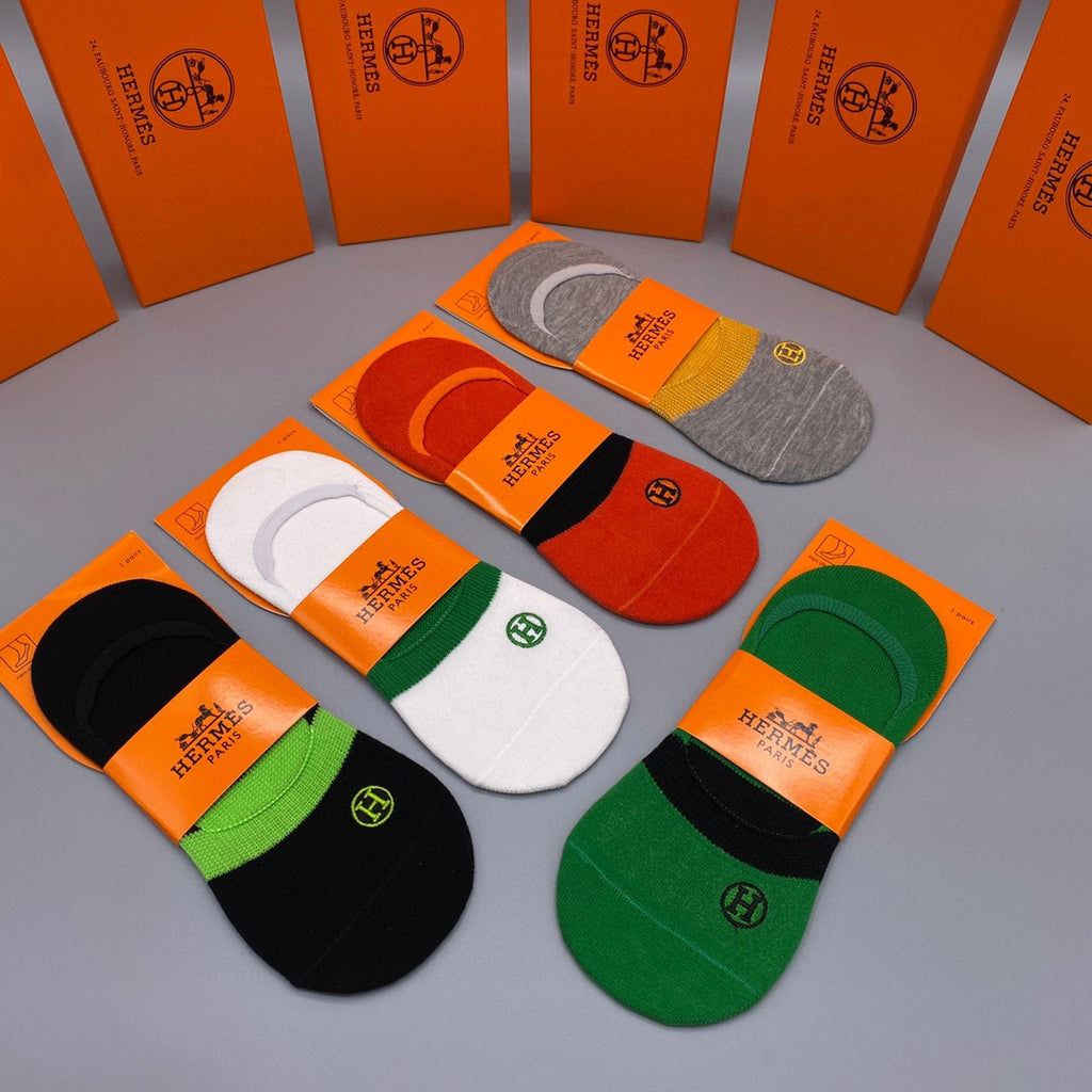 Hermes Cotton Visible Logo, Stripe Or Motif Details Crew Socks - 5-Pair Set