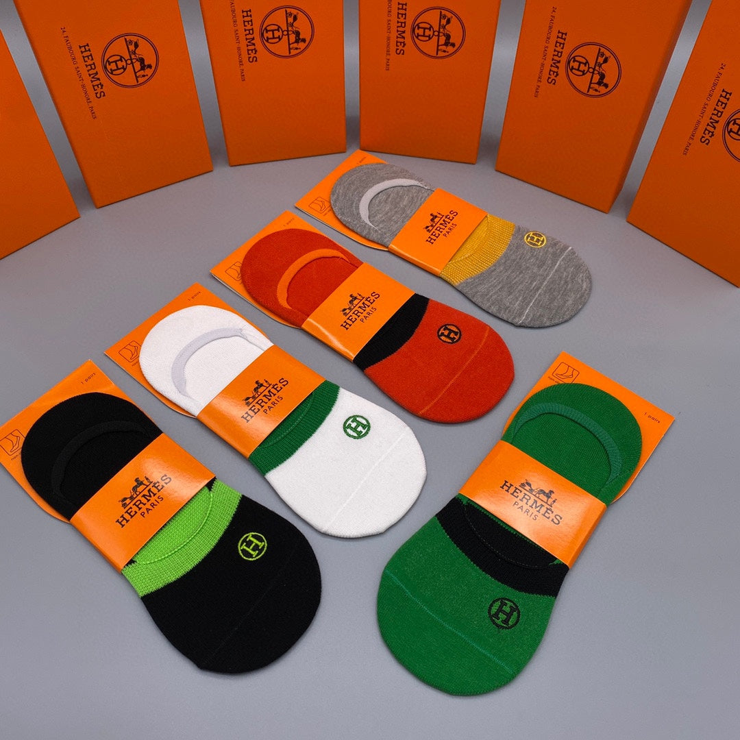 Hermes Cotton Visible Logo, Stripe Or Motif Details Crew Socks - 5-Pair Set