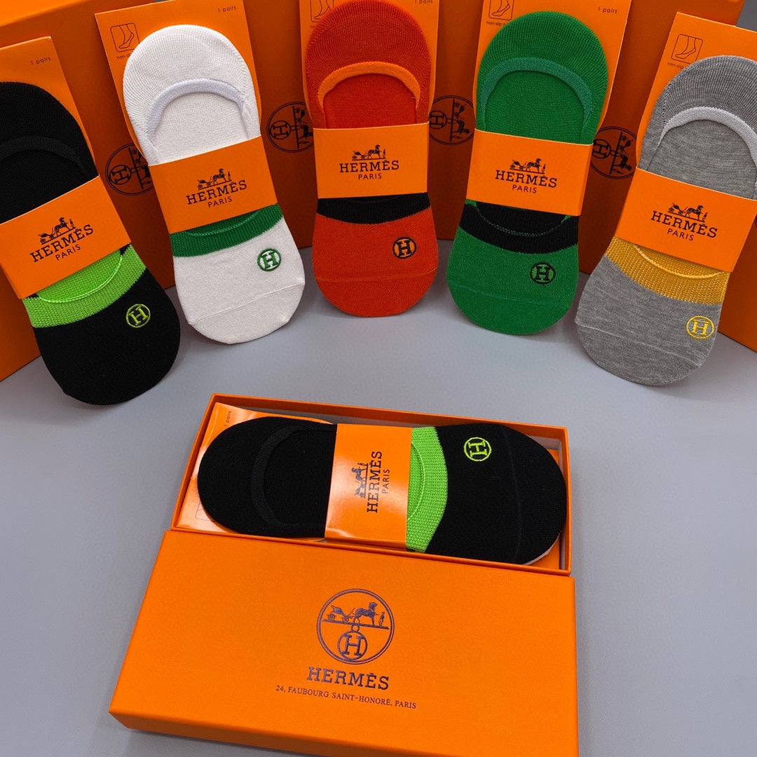 Hermes Cotton Visible Logo, Stripe Or Motif Details Crew Socks - 5-Pair Set