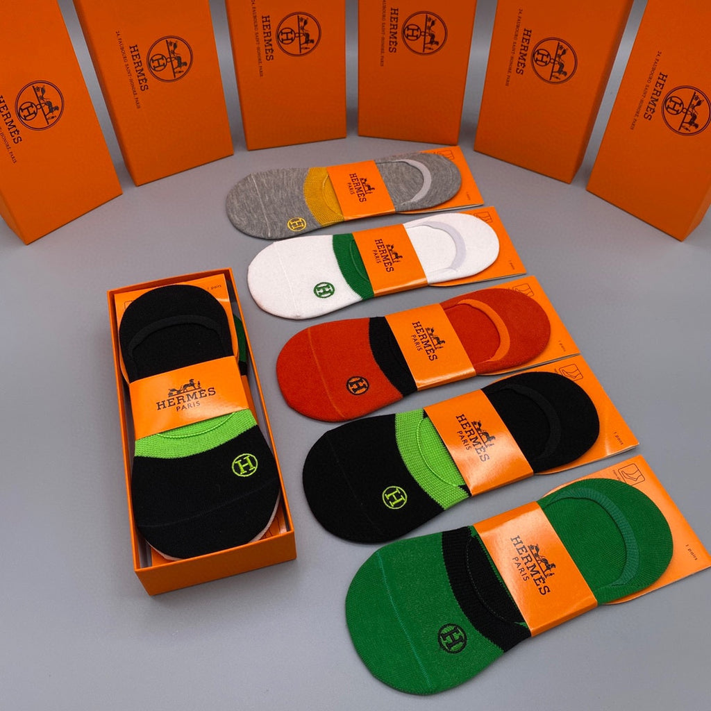 Hermes Cotton Visible Logo, Stripe Or Motif Details Crew Socks - 5-Pair Set