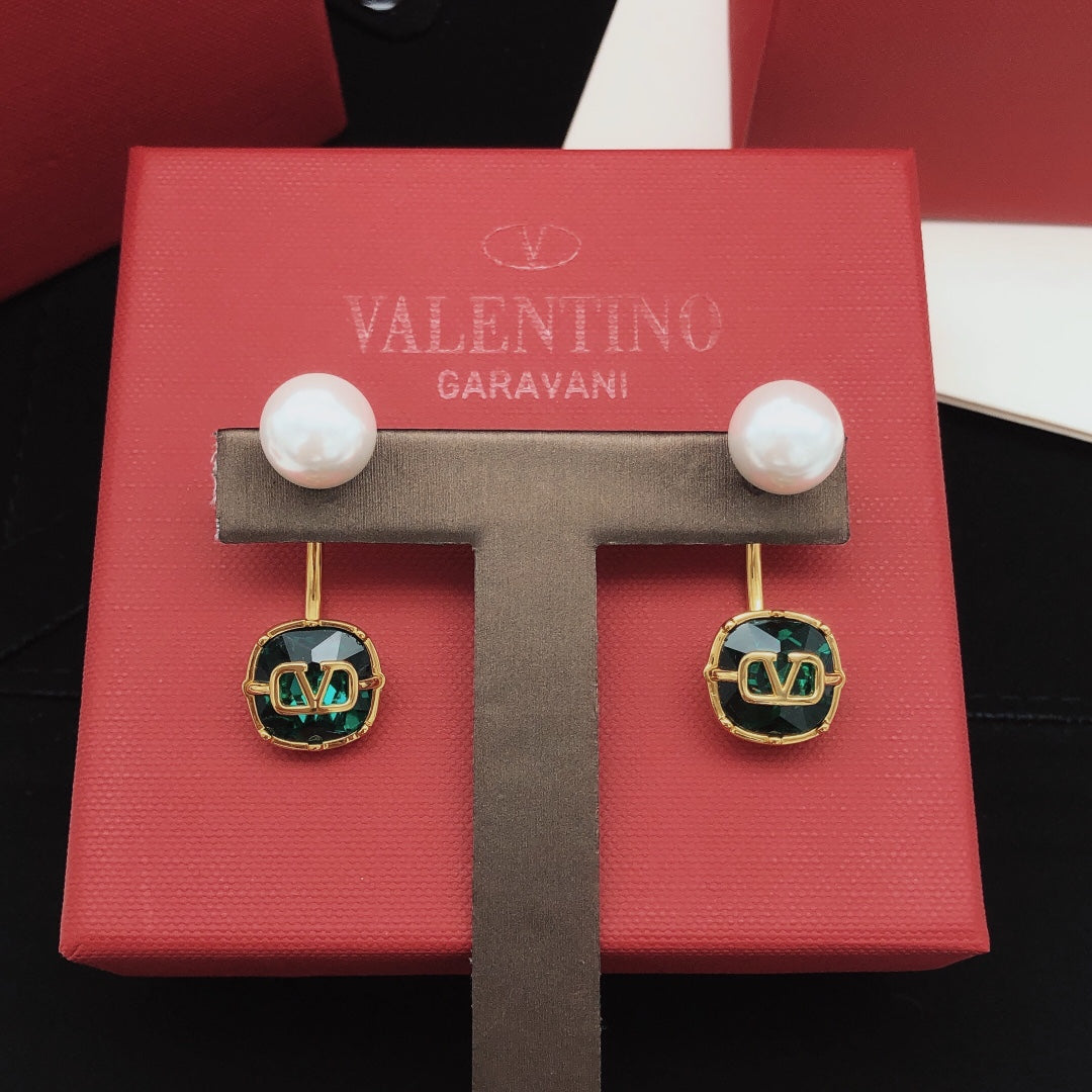 Signature Emblem Pearl-Detail Drop Earrings – Green close-up view