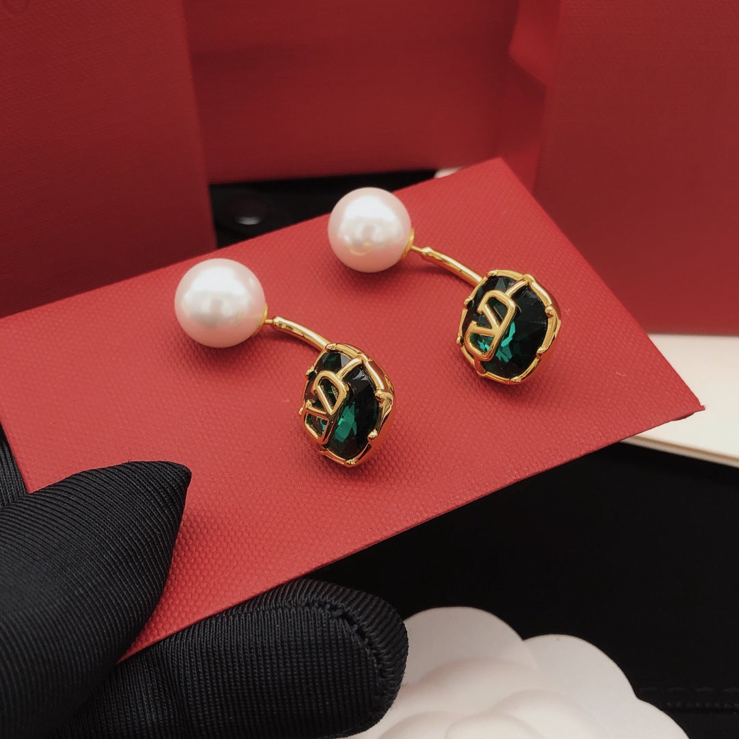 Signature Emblem Pearl-Detail Drop Earrings – Green front view