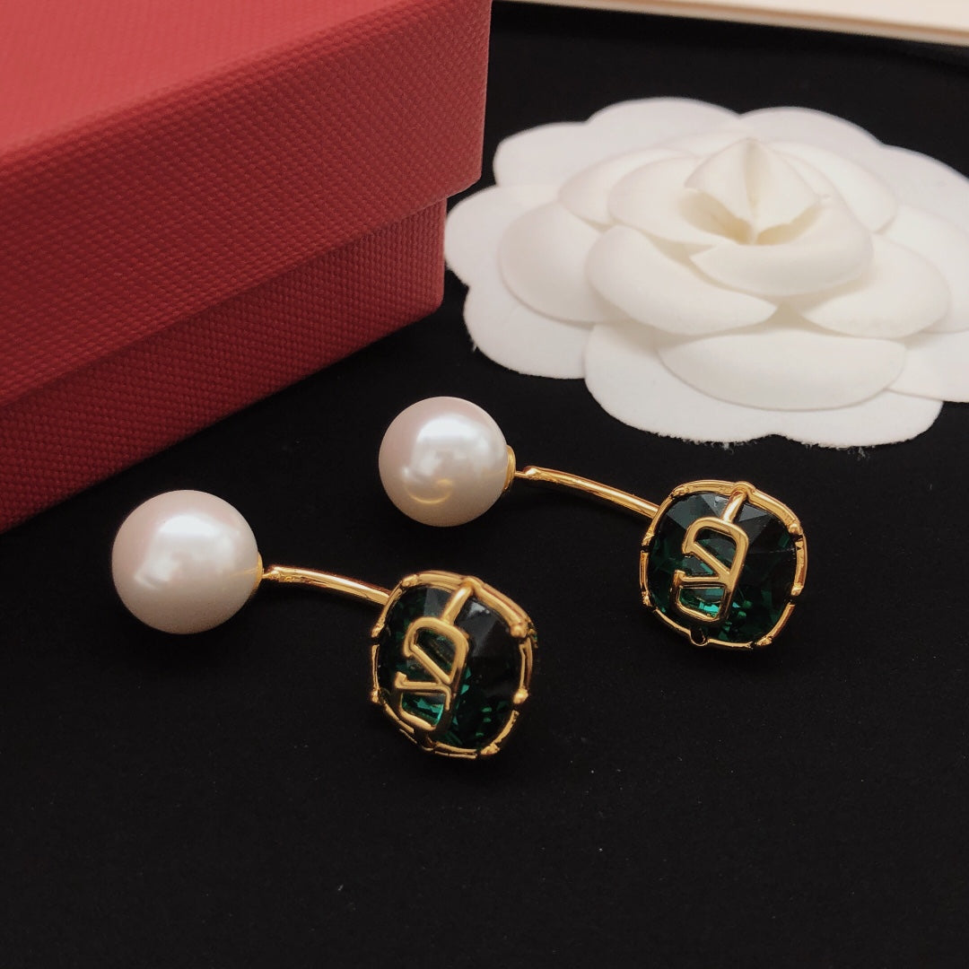 Signature Emblem Pearl-Detail Drop Earrings – Green main product view