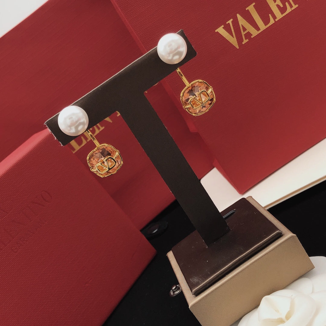 Signature Emblem Pearl-Detail Drop Earrings – Red front view