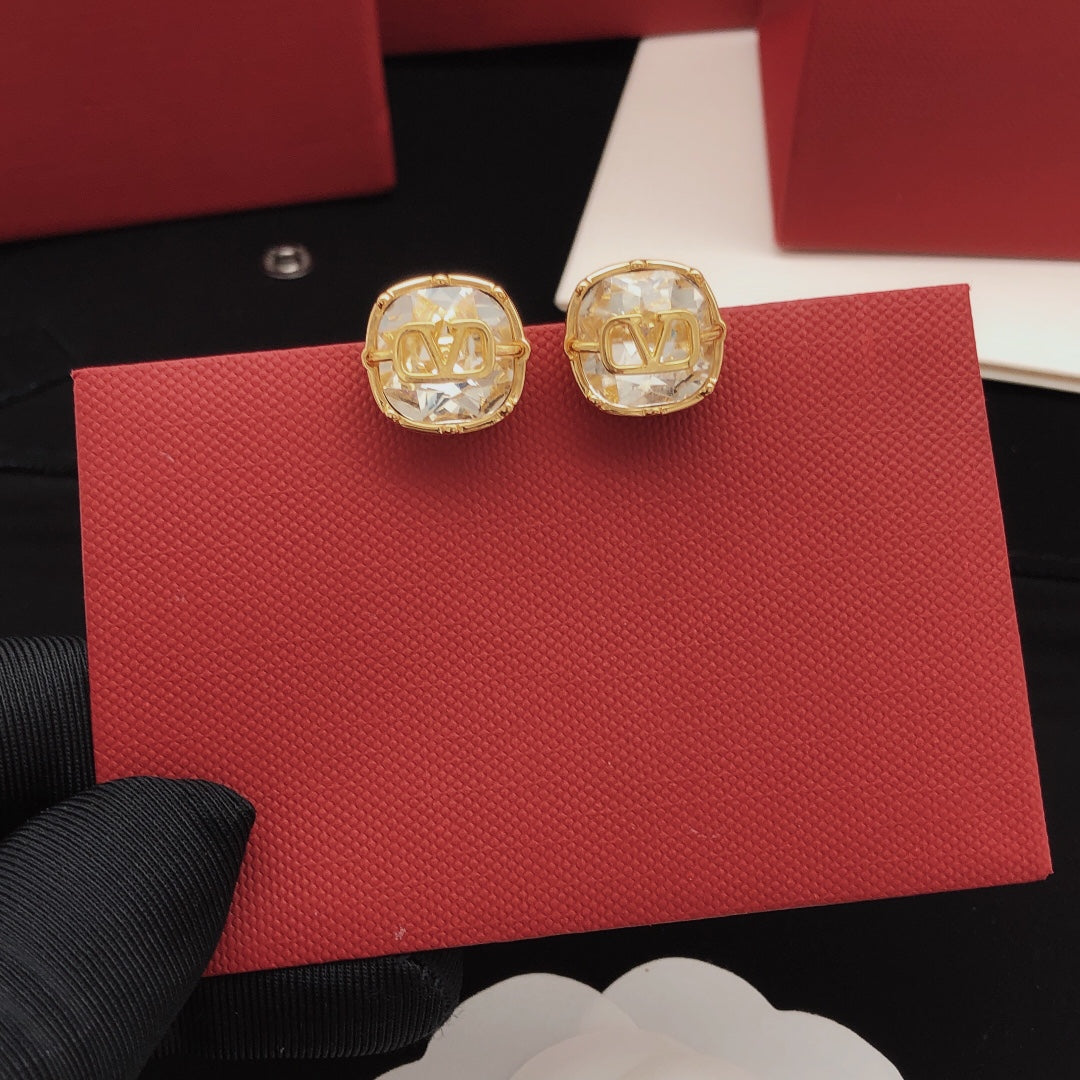 Signature Emblem Crystal-Accent Stud Earrings – White detail view