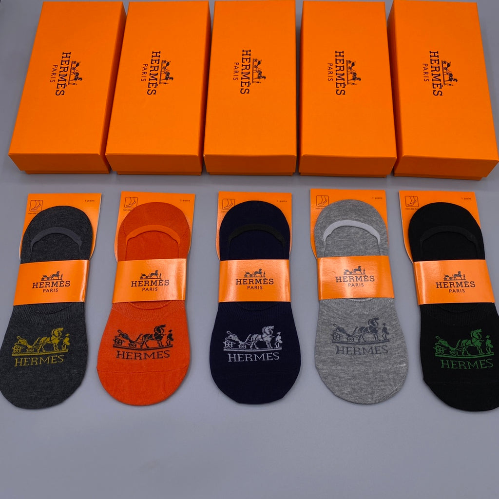 Hermes Varied Equestrian Graphics No-Show Socks - 5-Pair Set