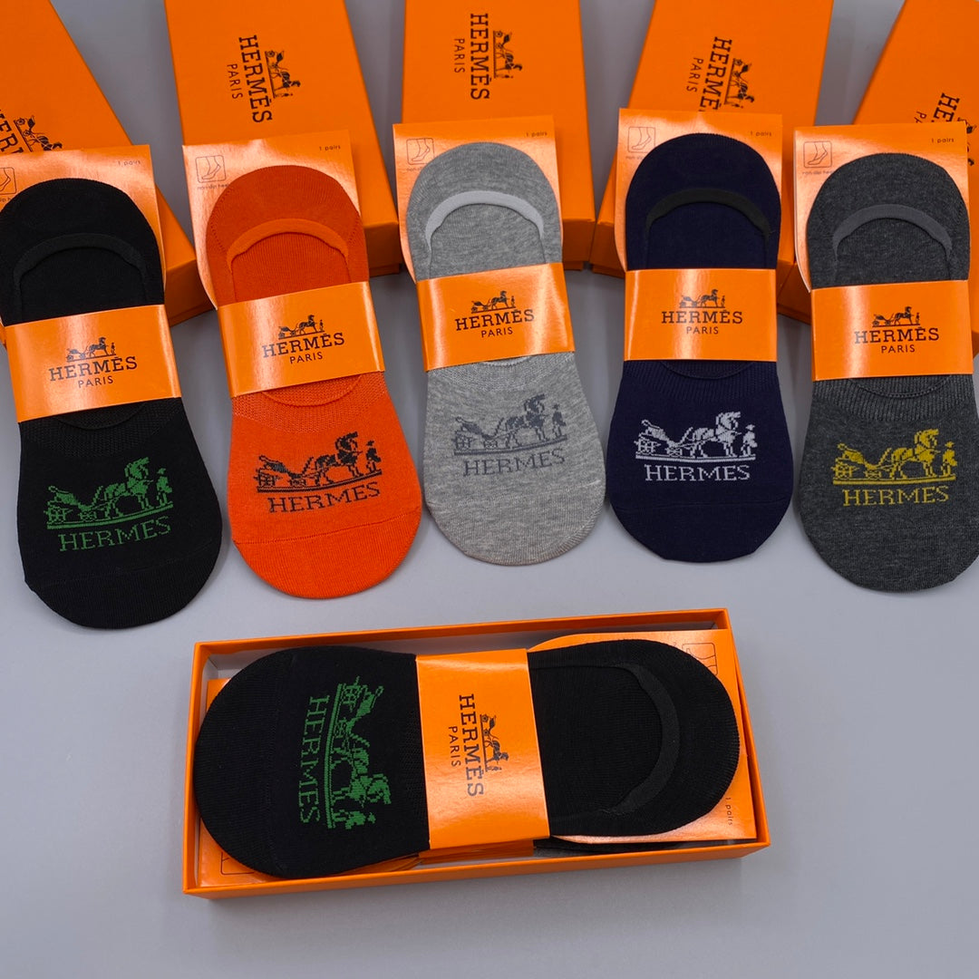 Hermes Varied Equestrian Graphics No-Show Socks - 5-Pair Set