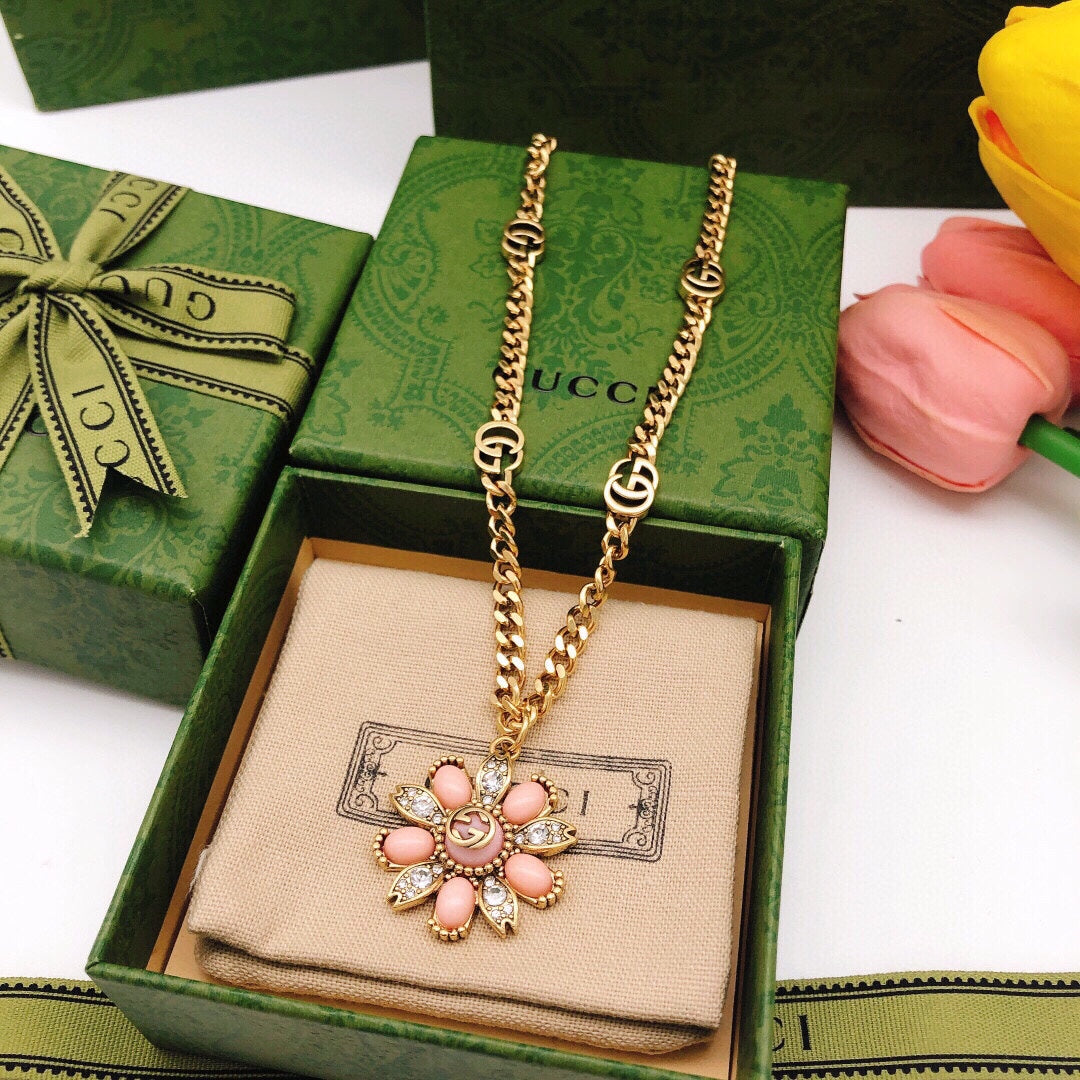 Floral Pendant Necklace in Polished Metal-Tone – Design 007 front product view