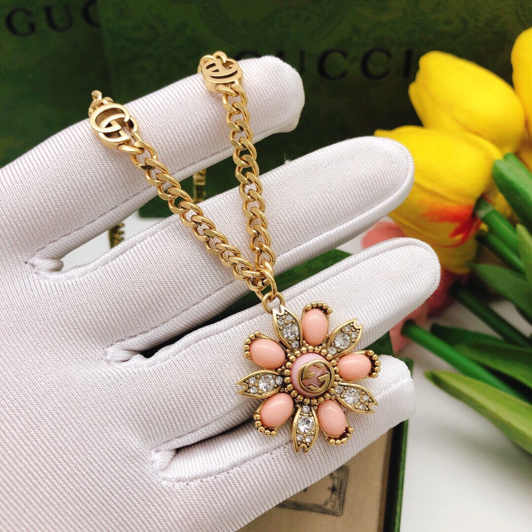 Floral Pendant Necklace in Polished Metal-Tone – Design 007 side detail