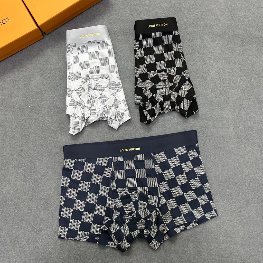 Louis Vuitton Black, White And Navy Checker-Pattern Boxer Briefs Men's Boxer Briefs - 3-Piece Box