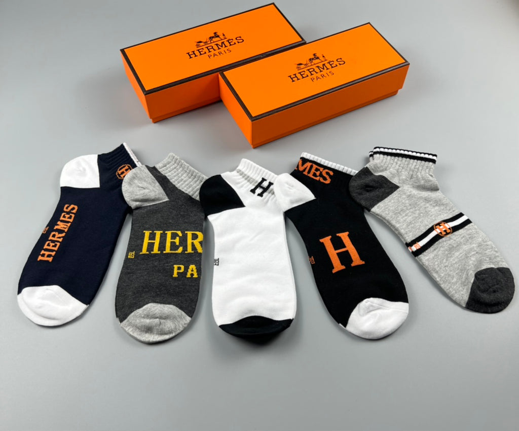 Hermes Cotton Visible Colour, Cuff And Emblem Details No-Show Socks - 5-Pair Set
