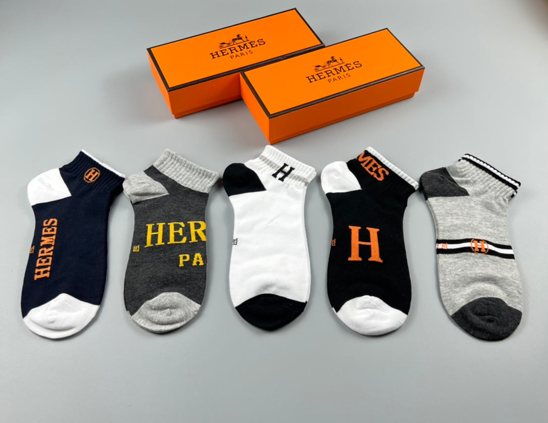 Hermes Cotton Visible Colour, Cuff And Emblem Details No-Show Socks - 5-Pair Set