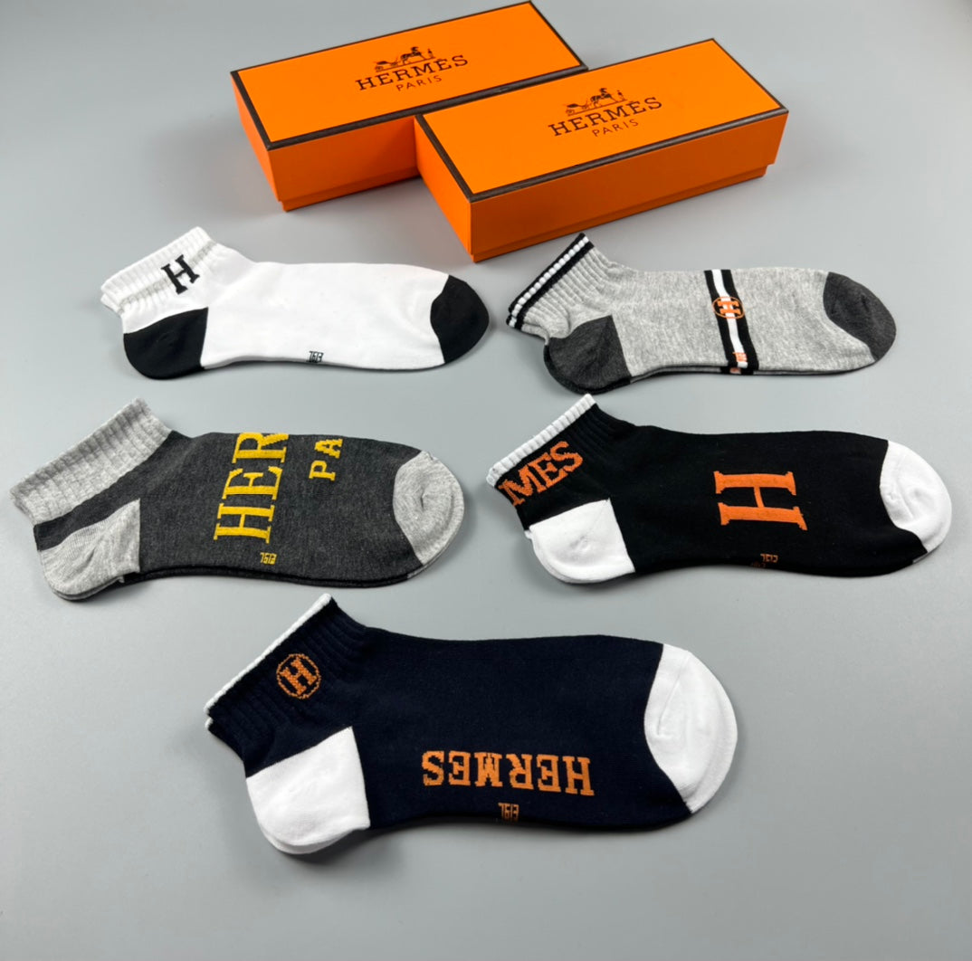 Hermes Cotton Visible Colour, Cuff And Emblem Details No-Show Socks - 5-Pair Set